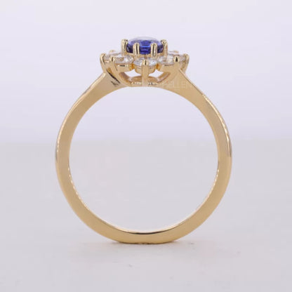 Blue Sapphire Oval Gemstone with Round Cut Halo Engagement Ring