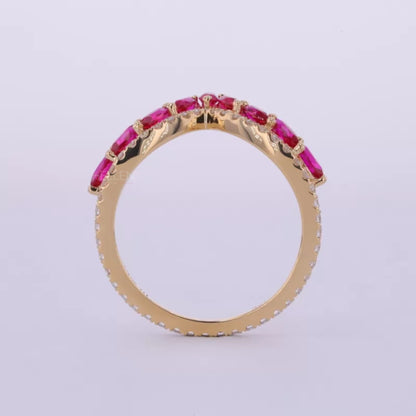 Red/Ruby Gemstone and Moissanite V-Shaped Ring – Eye-Catching