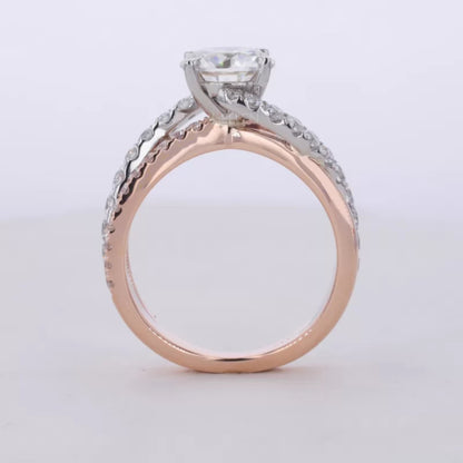 Round Cut Moissanite Solitaire Ring with Diamonds on Split Shank