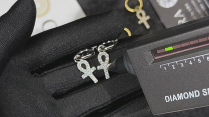 Men's Ankh Cross Dangle Earrings With Round Cut Moissanite