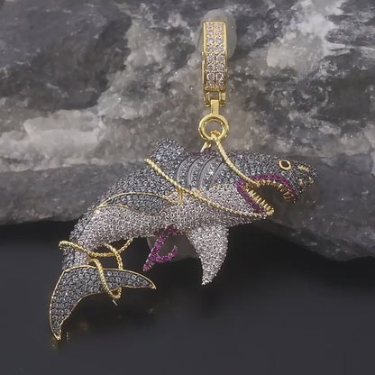 Iced Out Haunted Shark Pendant With Rope Chain