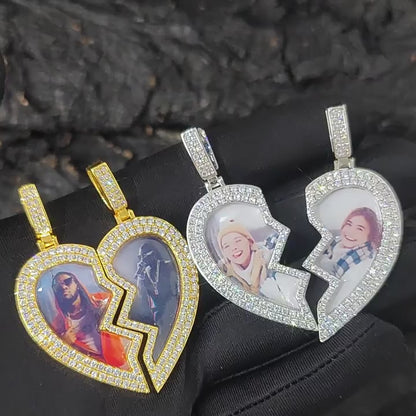 Customized 2 Half Heart Memory Pendent With Moissanite Space For 2 Pendants